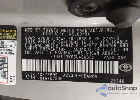 2005 Toyota Camry Le из США, поврежденный, VIN 4T1BE32K65U400652